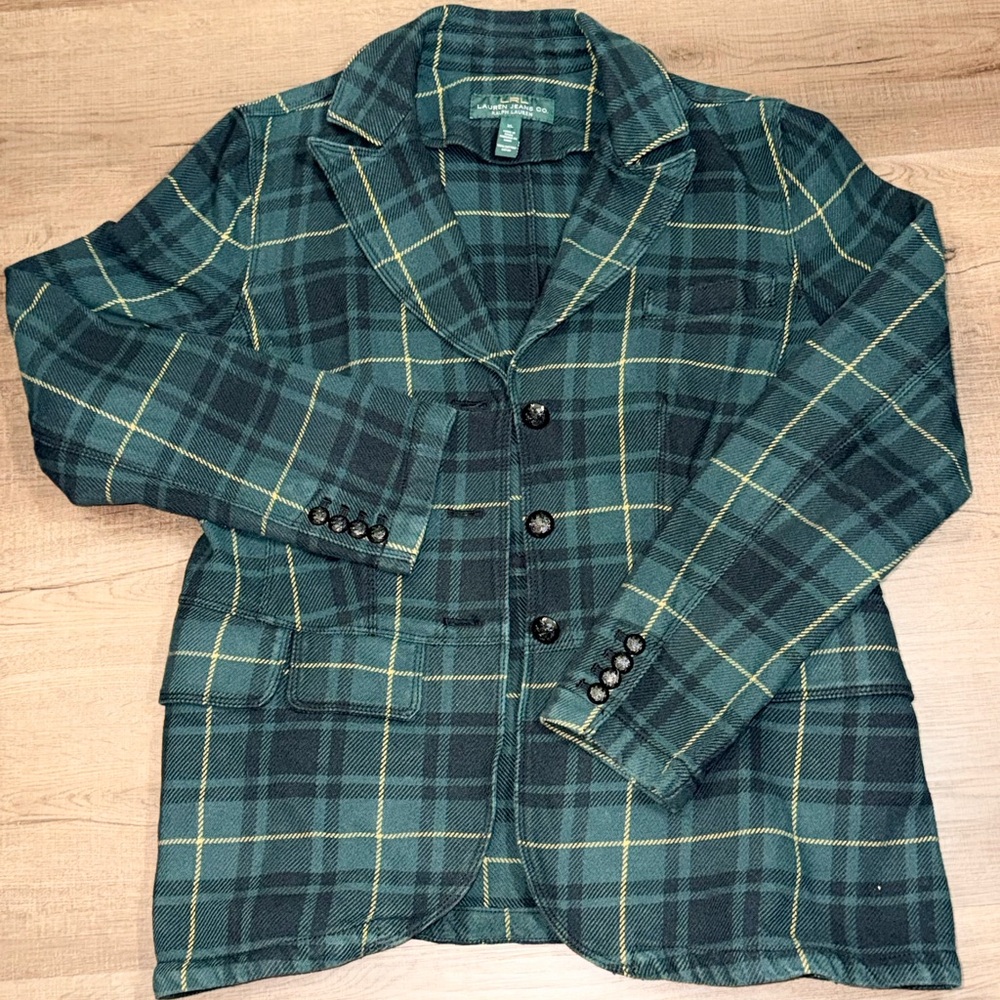 RALPH LAUREN LRL Women Cotton Twill Blackwatch Tartan Plaid Peplum Blazer  XL